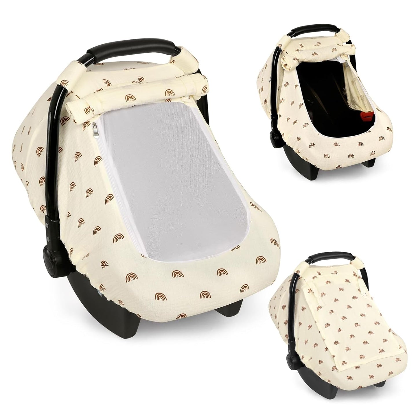 Hooyax Muslin Car Seat Cover Baby - Breathable and Privacy Car Seat Canopy with 3 Modes - Easy Install & Gift Box Packaging, Universal Fit for Infant Car Seats, Rainbow