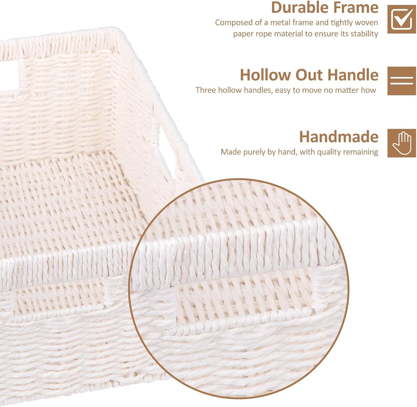 OIAHOMY Wicker Basket, Paper Shelf Basket with Built-in Handles, Rectangular Wicker Storage Bin for Pantry, Shelves, 1 Pack-White