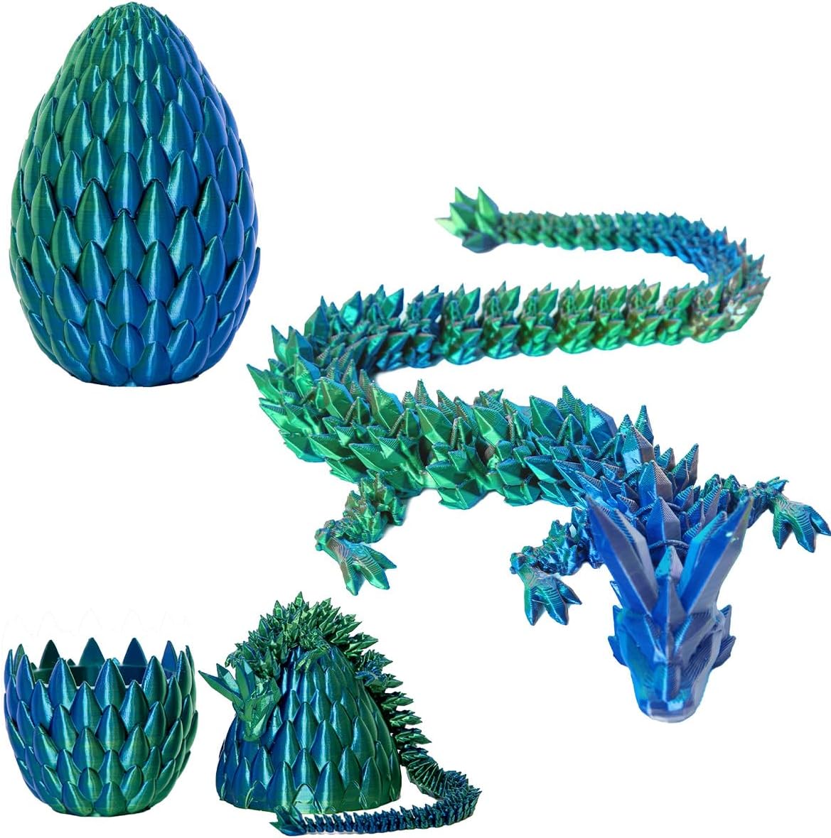 Dragon Eggs with Dragon Inside, 12In Laser Blue Green 3D Printed Dragon Egg Fidget Toy, Executive Desk Articulated Dragon Toy, Home Office Decor