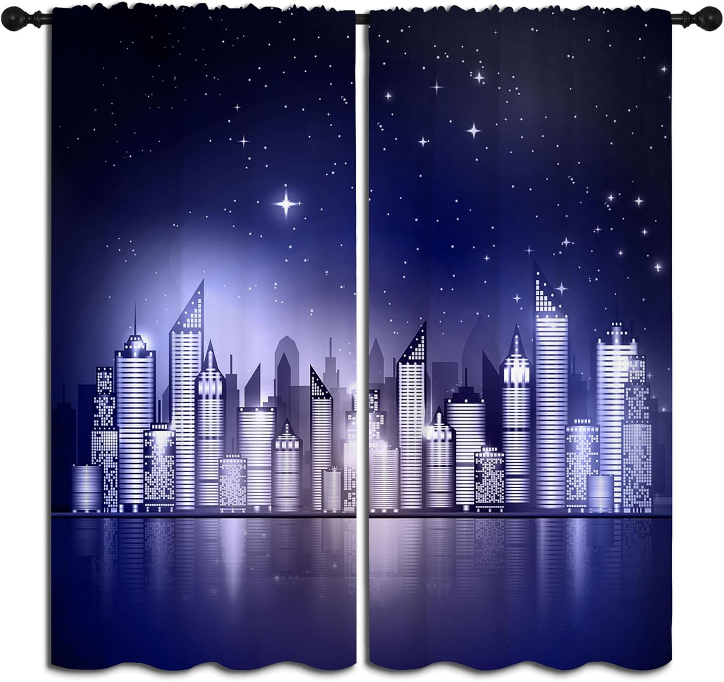 City Rod Pocket Blackout Curtains for Boy Girl Bedroom, New York Skyline Modern City Starry Sky Night View Thermal Insulated Home Window Drapes for Living Room Darkening, 42x45 inch
