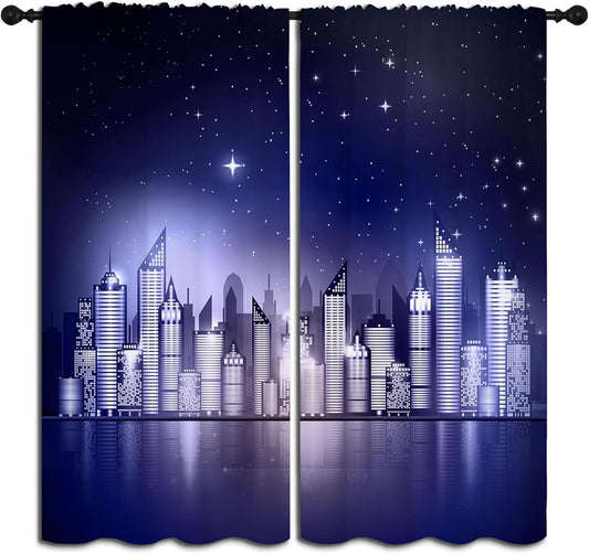City Rod Pocket Blackout Curtains for Boy Girl Bedroom, New York Skyline Modern City Starry Sky Night View Thermal Insulated Home Window Drapes for Living Room Darkening, 42x45 inch