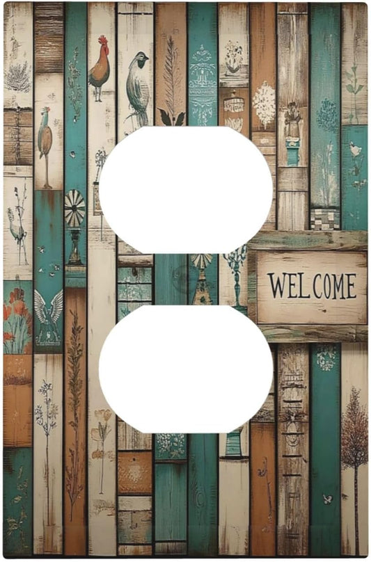 Outlet Covers Vintage Wood Brown Turquoise Splicing 1 Gang Duplex Light Switch Cover Decorative Switch Plates Electrical Receptacle Faceplate Wall Plate For Farmhouse Cabin Decor