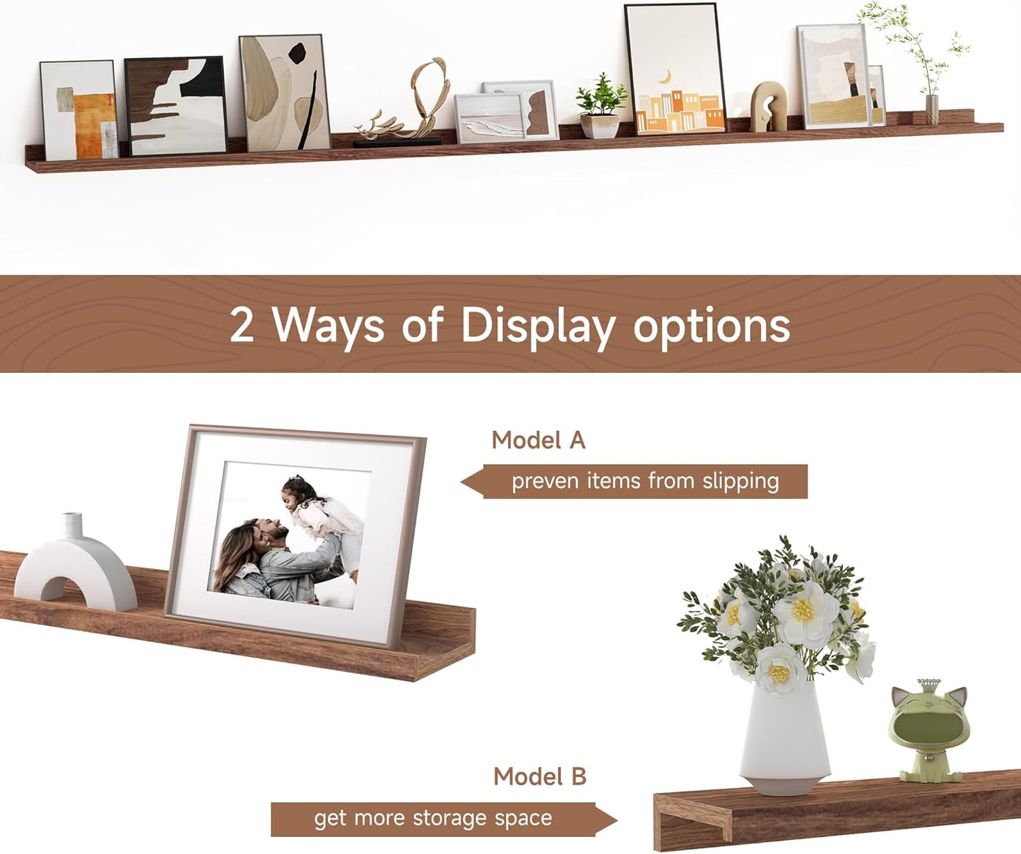 Floating Picture Ledge Shelves for Wall Set of 2, 84 Inches Picture Ledge Shelf with Long Large Nursery Book Shelf for Toys Storage Kids Bookshelf Wall Mounted Living Room Bedroom Decor Frames, Walnut