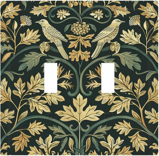 Decorative Switch Plates William Morris Vintage Botanical Birds Golden Green Leaves 2 Gang Double Toggle Outlet Light Switch Cover Wall Plate Electrical Faceplate for Bedroom Home Decor