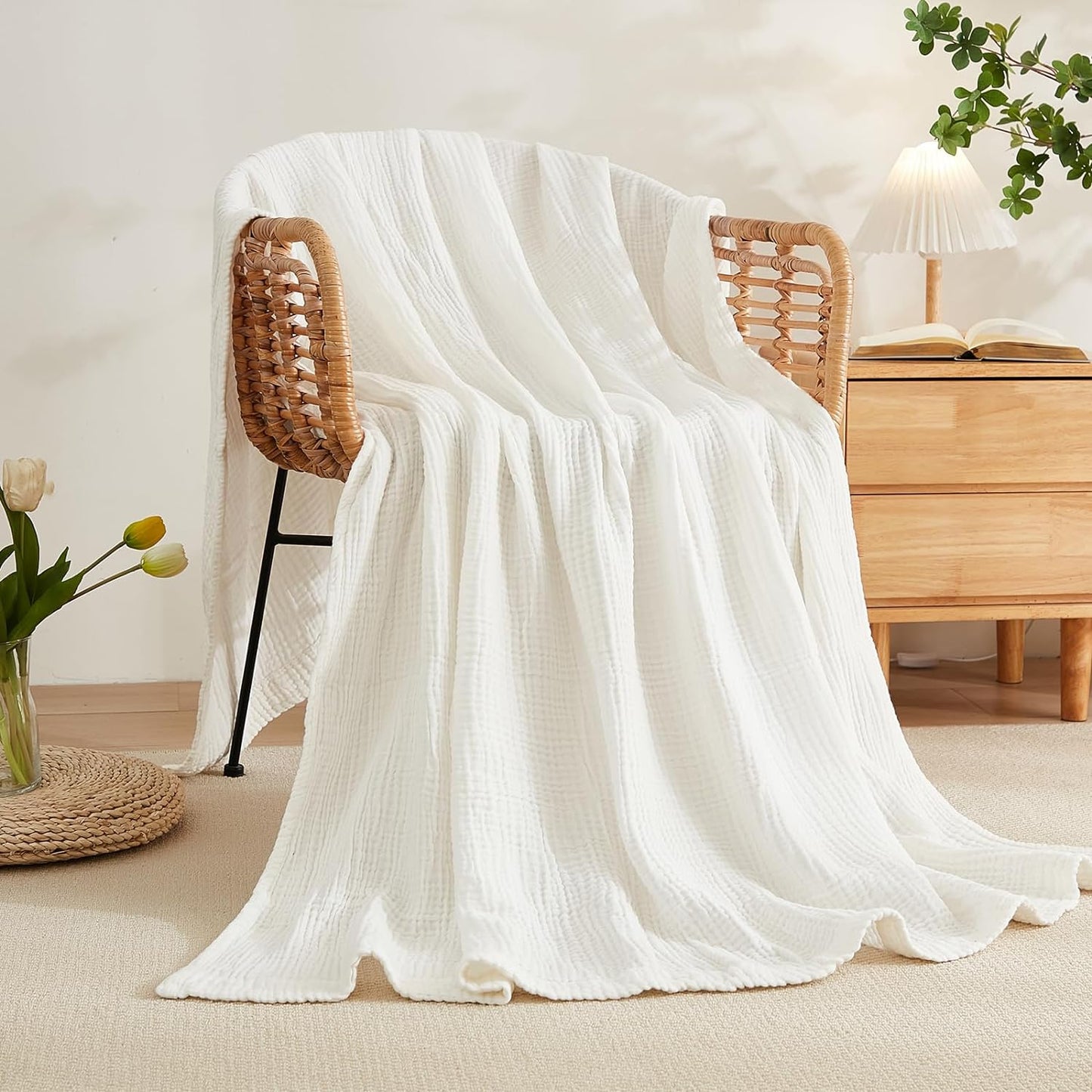EMME Cotton Bed Blankets White Blankets for Bed Muslin Twin Blanket 60"x80" Lightweight Soft Twin Blanket All Season Gauze Blanket