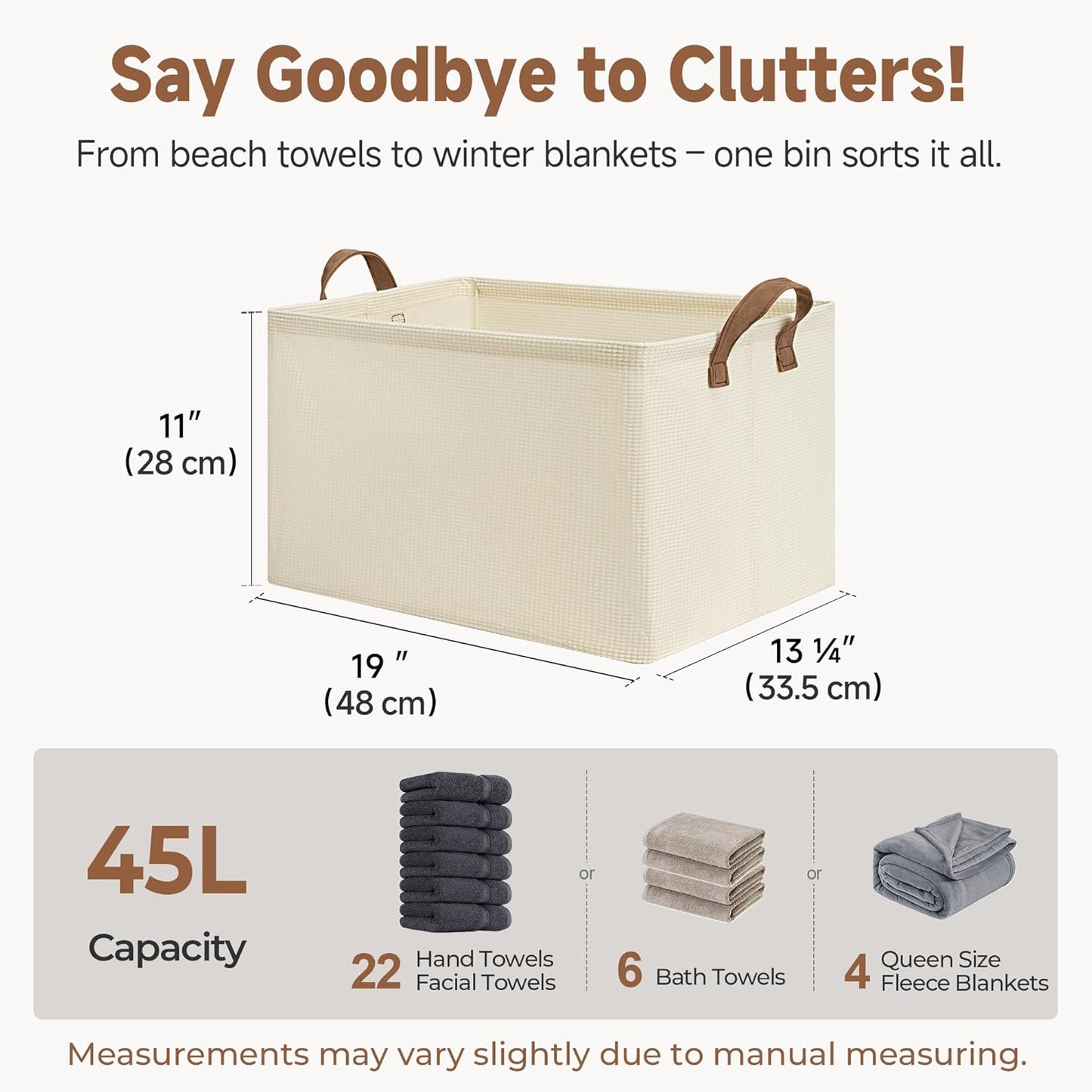 StorageWorks Storage Bins, Shelves Baskets for Organizing, 45L Extra Large Fabric Closet Organizers with Handles, Metal Frame, Beige（Texture）, 2-Pack