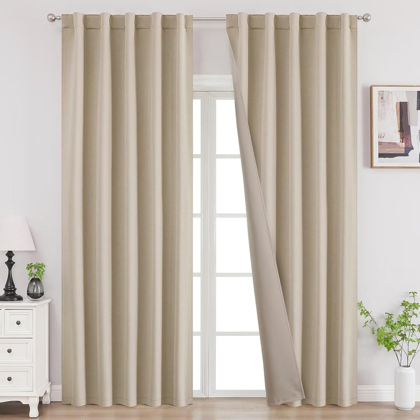Joydeco Blackout Curtains 96 Inches Long, Thermal Insulated Black Out Curtains 2 Panels Set for Bedroom, Room Darkening Drapes for Living Room Window (W52 x L96 Inch, Light Beige)