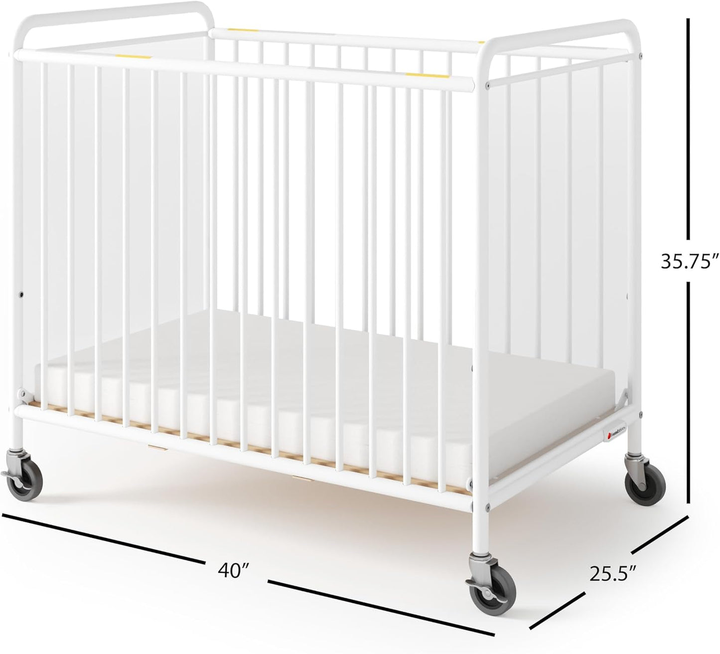 Foundations Chelsea Clearview Metal Compact Daycare Crib, 3" Casters, Compact Mini Size, Easy to Clean Durable Finish, Adjustable to Two Heights Mattress Board (White)
