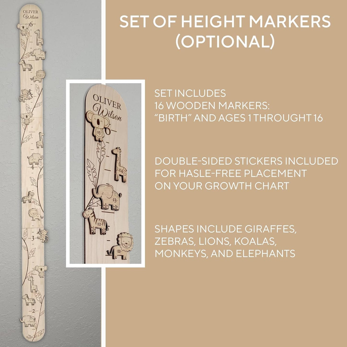 Personalized Jungle Growth Chart Wood - Engraved Growing Ruler Chart for Kids, Children Measuring Height Chart Baby Boy, Large Measuring Board Wooden, Animals Growing Wall Measurement, 2 Sizes
