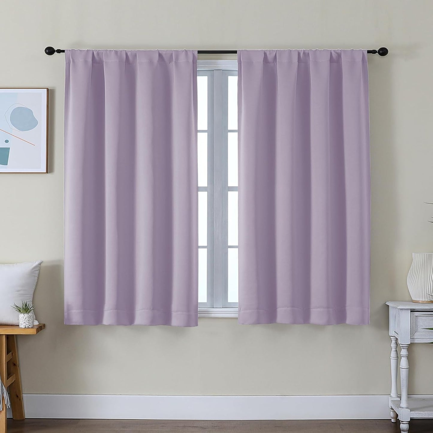Simplebrand Ava Lilac Short Blackout Curtains for Bedroom 45 Inches Long 2 Panels Set, Solid Thermal Insulated, Energy Saving Window Treatment Curtains Blackout Drapes, W40 x L45 Inch, Lilac
