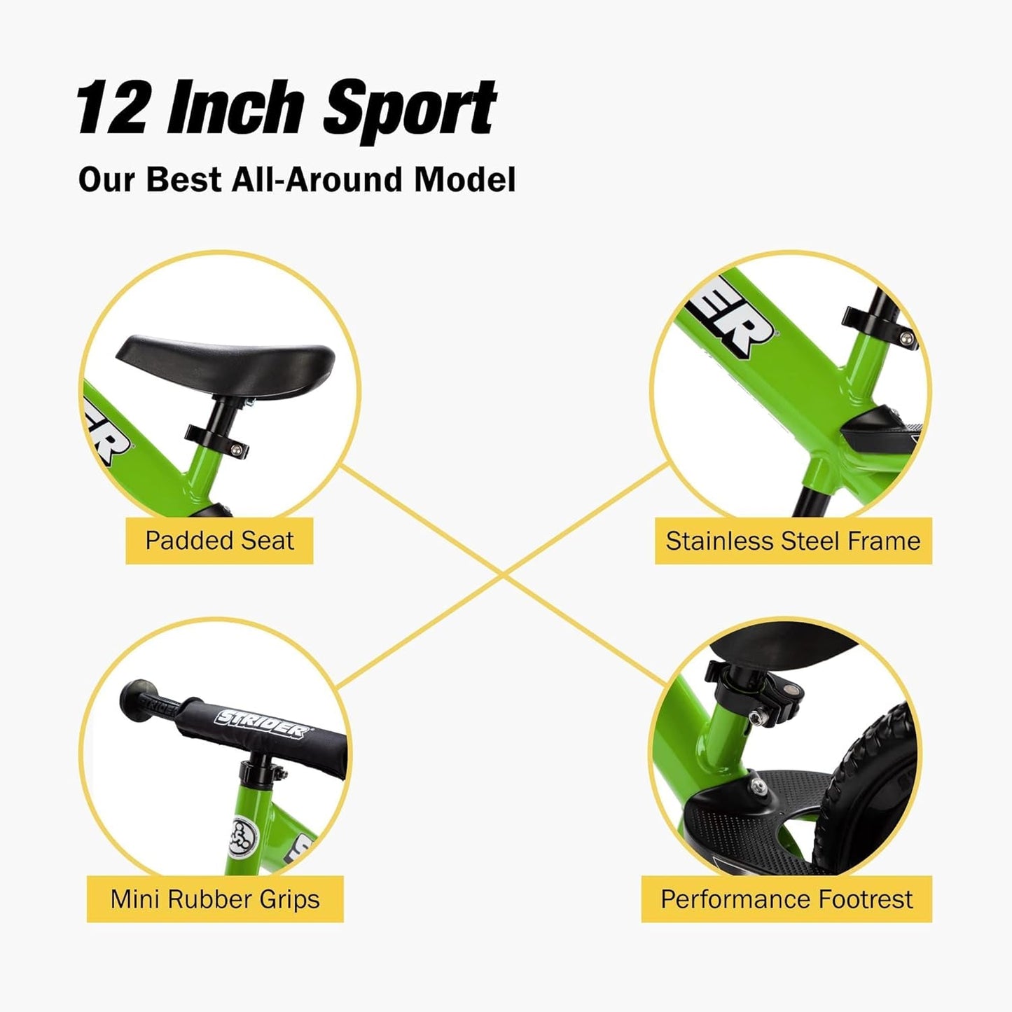 Strider 12” Sport Bike - No Pedal Balance Bicycle for Kids 1 to 4 Years - Includes Safety Pad, Padded Seat, Mini Grips & Flat-Free Tires - Tool-Free Assembly & Adjustments