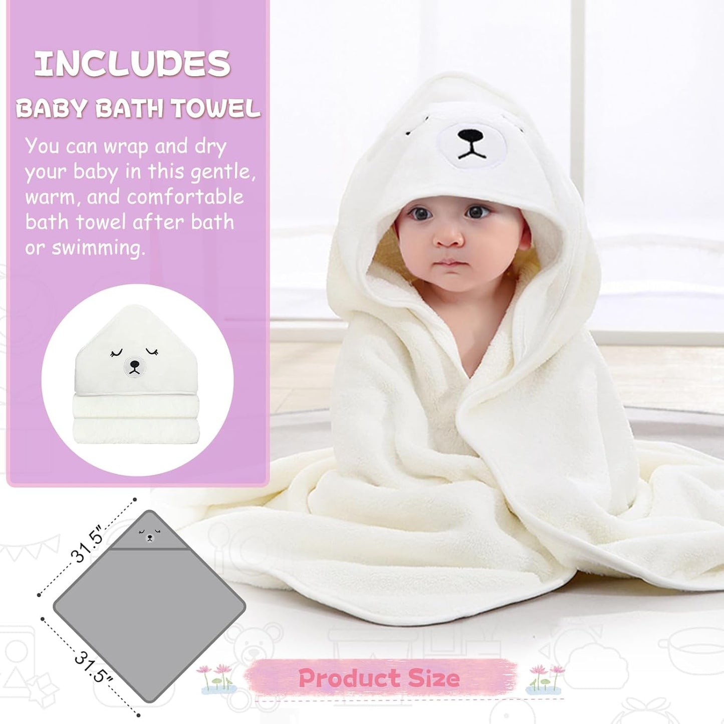 MoreFeel Collapsible Baby Bathtub for Newborn with Thermometer & 1 Hooded Towel & 1 Soft Floating Cushion,Portable Travel Bathtub with Drain Hole, Durable Foldable Baby Tubs for Infants to Toddler