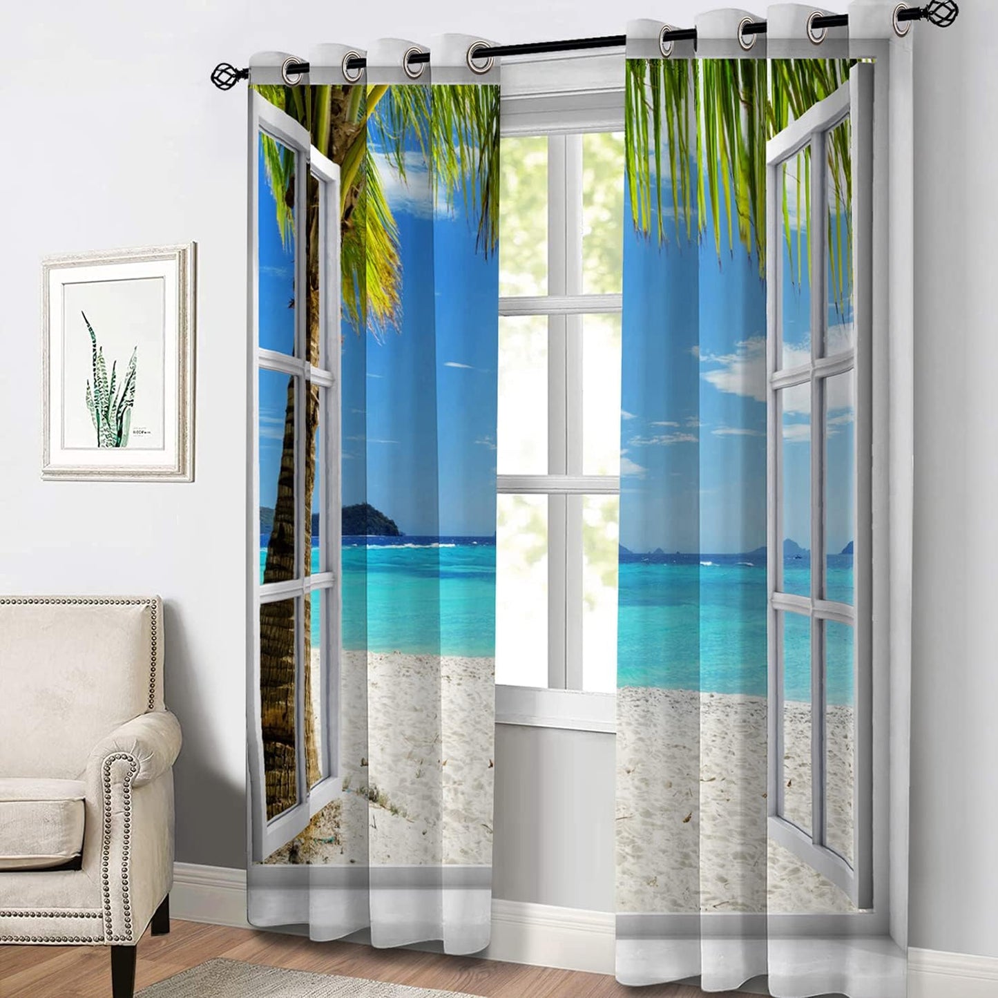 Aimego Ocean Beach Blackout Curtains Tropical Palm Trees White Wooden Window Scenery Decor for Bedroom Living Room Window Drapes Grommet Top Room Darkening Curtains 2 Panel Set 52"X84"