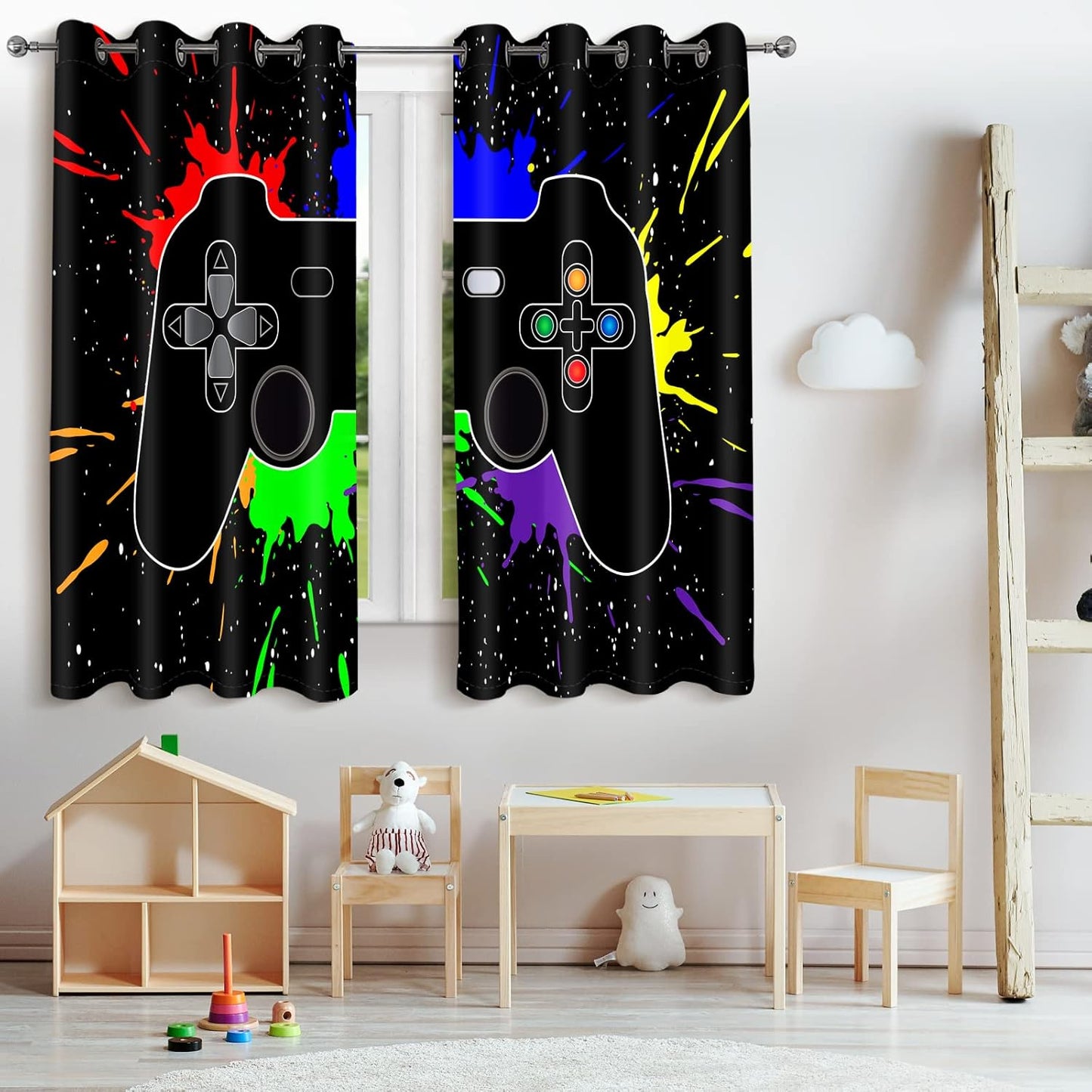 Jekeno Game Controller Blackout Curtains for Kids Boys Teens Bedroom Colorful Video Game Gamer Gaming Gamepad Decor for Home Living Room Grommet Window Drapes 2 Panel Set, 42"x84"