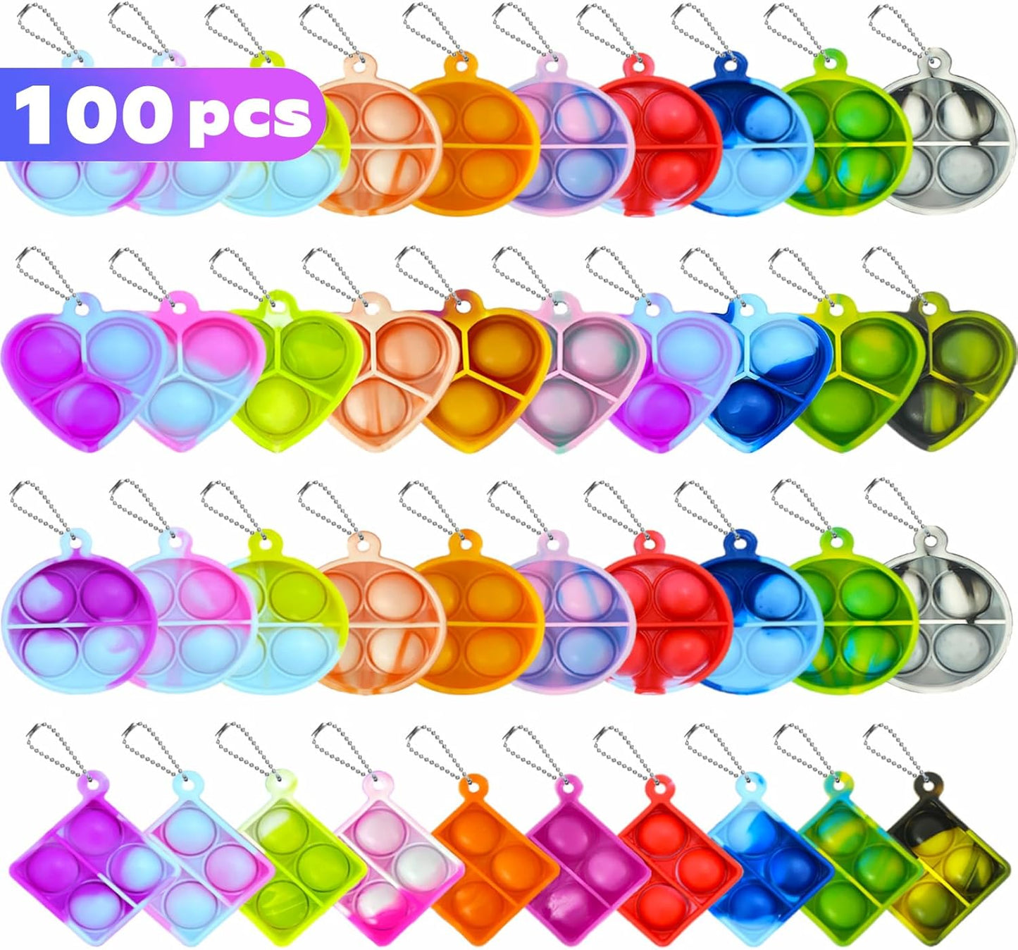 100Pcs Random Pop Fidget Toys Its Party Favors,Mini Pop Keychain It Fidget Toy Bulk Stress Toys Classroom Prizes Pop Fidget Keychain Stocking Stuffers Birthday Carnival Treasure Reliever Anti-Anxiety