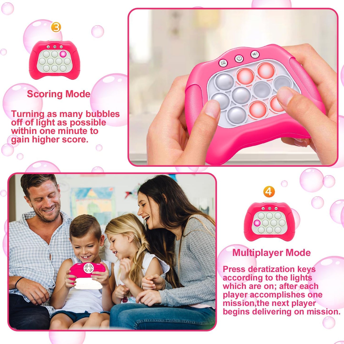 Quick Push Puzzle Game Machine Pop Fidget Light-Up Squeeze Poppet Sensory Toy Educational Push Pop Bubble Toy Stress Relief Party Favors Puzzle Game for Kids Teens Adults （Pink）