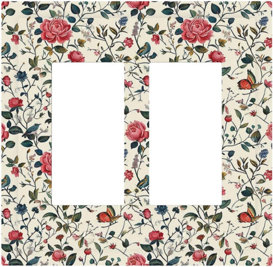 Decorative Outlet Covers Vintage Flowers Rose Leaf Bird Butterfly 2 Gang Double GFCI Rocker Electrical Wall Panels Light Switch Cover Plate for Bedroom living Room Decor