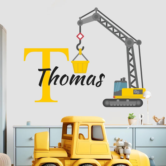 CRYPTONITE Custom Toddler Construction Crane Wall Decal I Personalized Name & Initial I Nursery Decor I Polyvinyl Chloride Sticker - Made in USA (Medium, Multicolor Options)