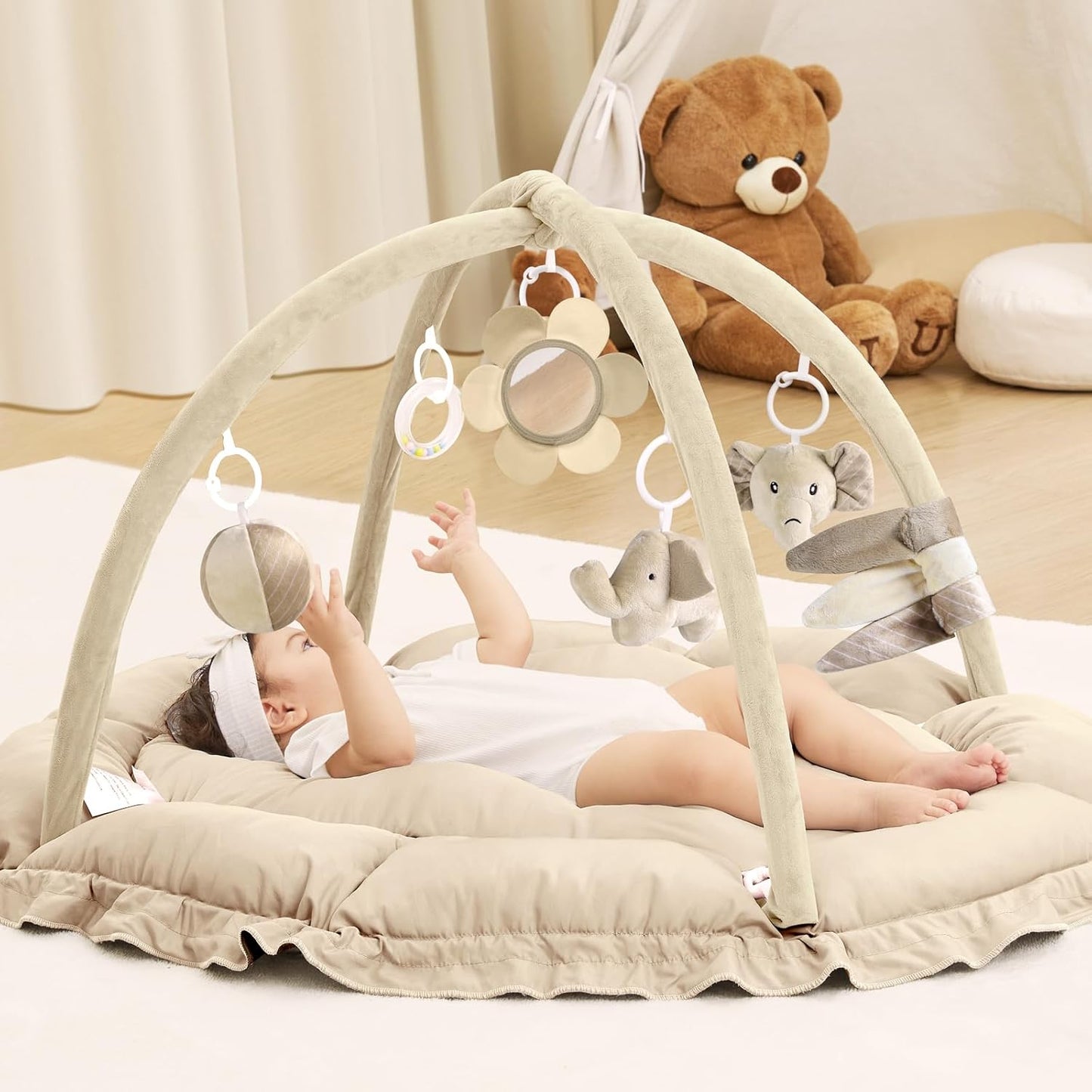 ANGELBLISS 5 in 1 Baby Play Gym Mat, Reversible Tummy Time Mat with 5 Sensory Toys for Stage-Based Developmental, Thick & Large Baby Activity Center from Newborn to Toddler (Khaki)