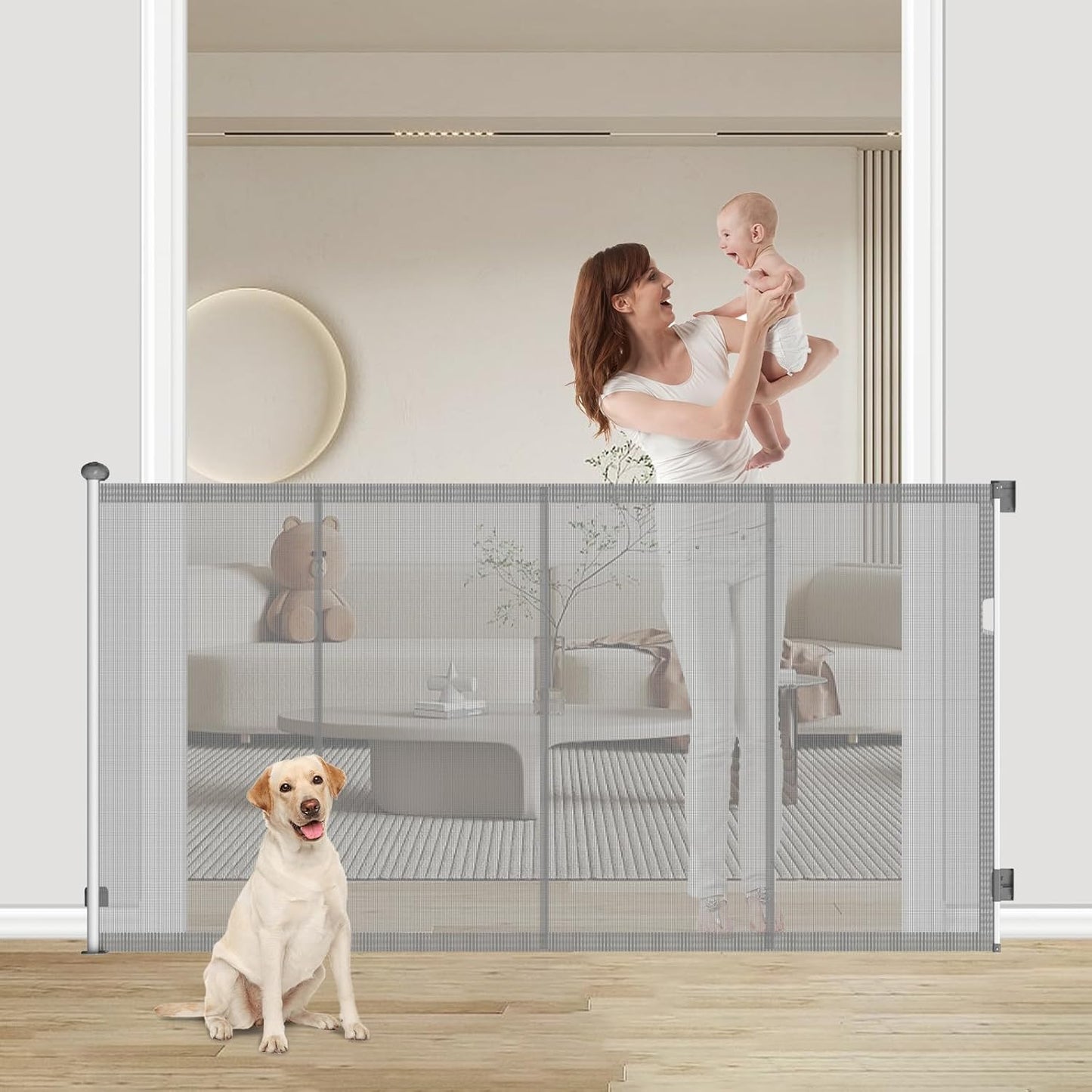 Extra Tall 50'' Reinforced Retractable Mesh Baby Gates with Reinforced Strips,Dog Gate Extends to 79" Wide,Prevents Bottom Drilling Through Baby and Pet,Retractable Pet Gate for Outdoor/Indoor