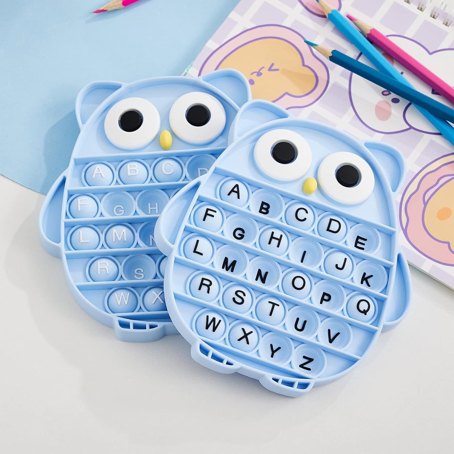 Push Pop Bubble Fidget Sensory Toy, Silicone Stress Relief Popping Toy, ABC Alphabet Owl Shaped Educational Learning Tools for Toddlers Kids Students (Black Letters-Blue)