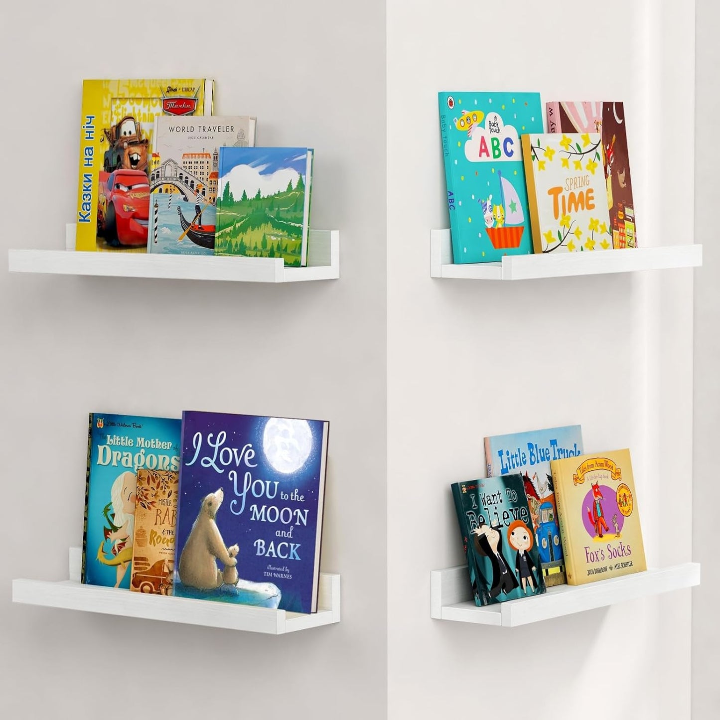 Forbena Nursery Book Shelves for Wall Set of 4, Wood Floating Kids Bookshelf for Nursery Boy Girl, Small Corner Wall Mounted Book Shelf for Baby Room, Toddler Child Bedroom Toy Decor Storage (White)