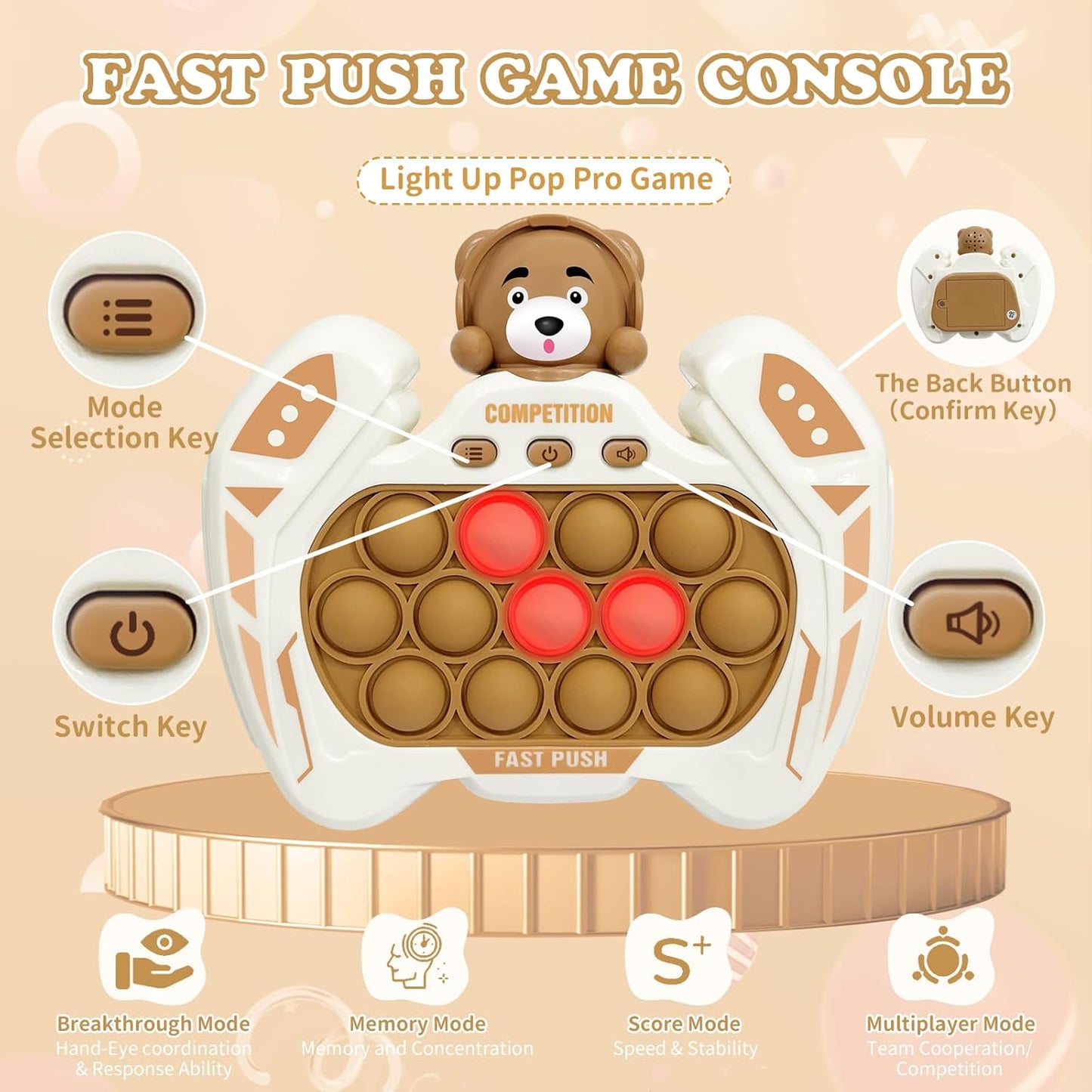 Fast Push Pop Pro Light Up Fidget Bubble Game Controller, Puzzle Pop Pro Game Fidget Toys Adults Handheld Bubble Pop Fidget Game Console Anti-Anxiety Autism Decompression Electronic Travel Game Toy