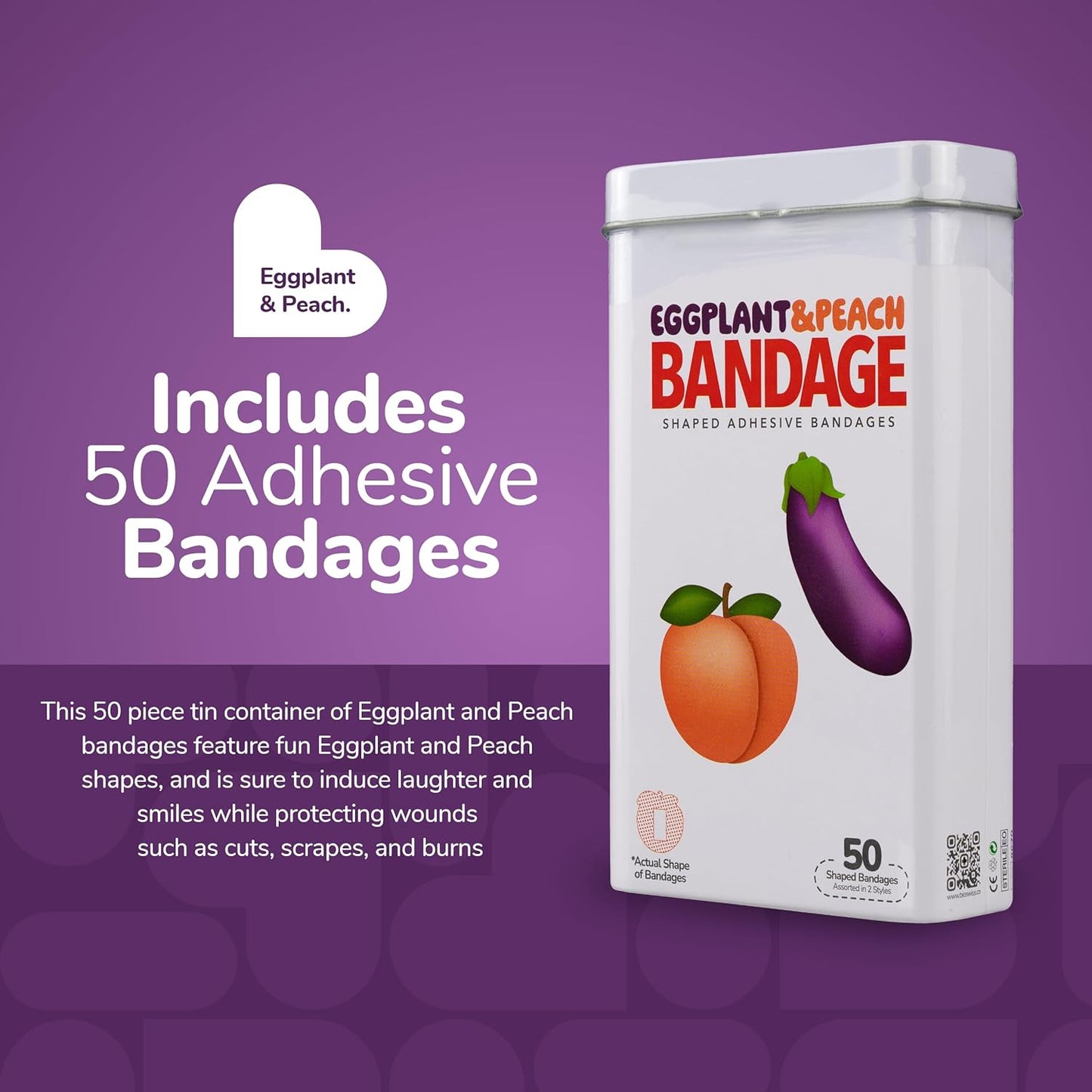BioSwiss Bandages, Eggplant and Peach Shaped Adult Self Adhesive Bandage, Latex Free Sterile Wound Care, Funny First Aid Kit Supplies for Adults, 50 Count