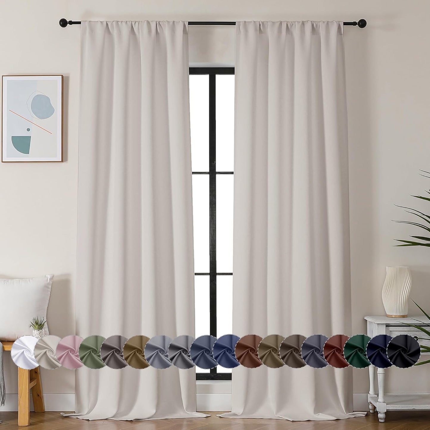 Simplebrand Ava Natural Blackout Curtains for Bedroom 96 Inches Long 2 Panels, Solid Thermal Insulated, Energy Saving Living Room Window Treatment Curtains Blackout Drapes, W40 x L96 Inch, Natural