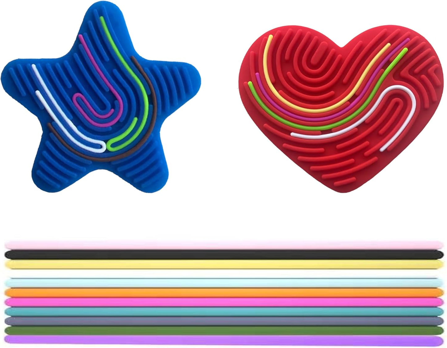 Sensory Activity Board,Double Side Silicone Calm Down Fidget Toy,Silent No Mess,Anxiety Relief Stress,ADHD & Autism,Portable with Travel Bag & 10 Strings (Pentagram Blue and Heart Red)