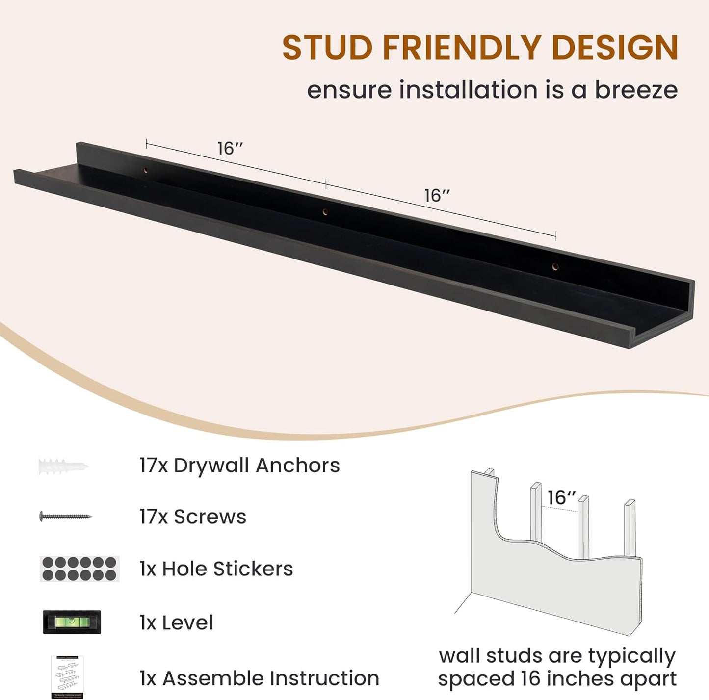 Axeman Picture Ledge Shelf, Floating Shelves for Wall Decor Storage Set of 6, 48 inch Floating Wall Mounted Shelves, Wall Shelves with Lip for Living Room, Bedroom, Nursery, Bathroom, Kitchen, Black