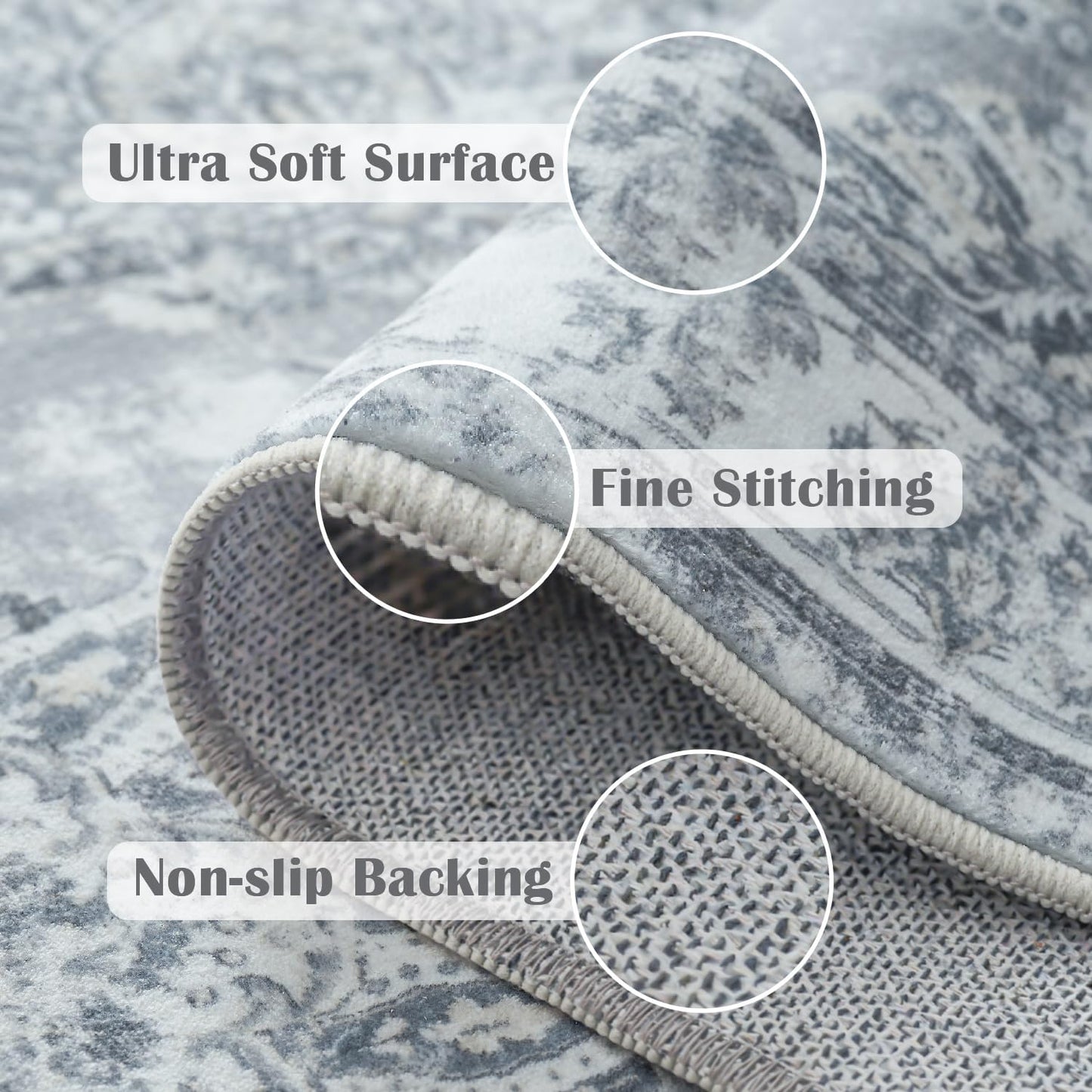 jinchan Hallway Runner Rug 3x8 Washable Runner - Vintage Floral Non Slip Low-Pile Soft Thin Faux Wool Kitchen Rug Distressed Carpet for Farmhouse Bedroom Laundry Room(3x8ft,Grey)