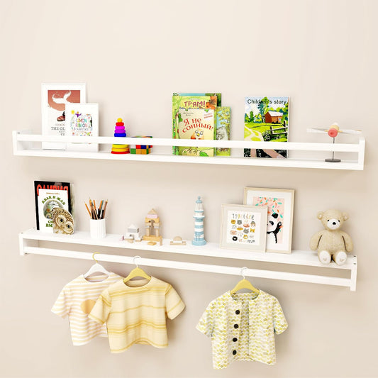 Fun Memories Nursery Book Shelves - Rustic Natural Solid Wood Floating Bookshelf for Kids - Wall Book Shelves for Kids Room (White, 48inch - 2P)