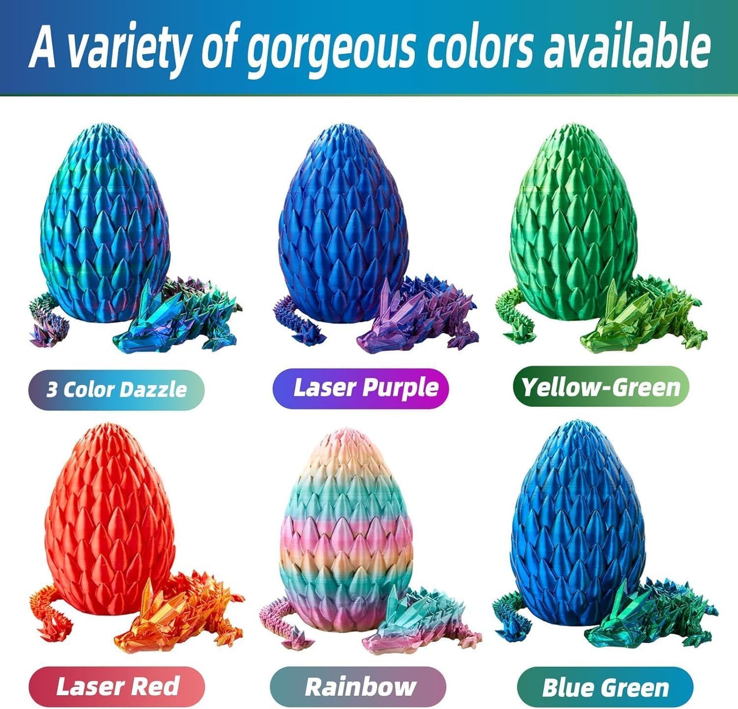 Easter Egg Dragon Egg 12Inch Dragon Toy 3D Printed Dragon Fidget Toys, 3D Printed Dragon Egg with Articulated Dragon Inside Fidget Toys for Autism/ADHD, Easter Gifts(LaserGreen)