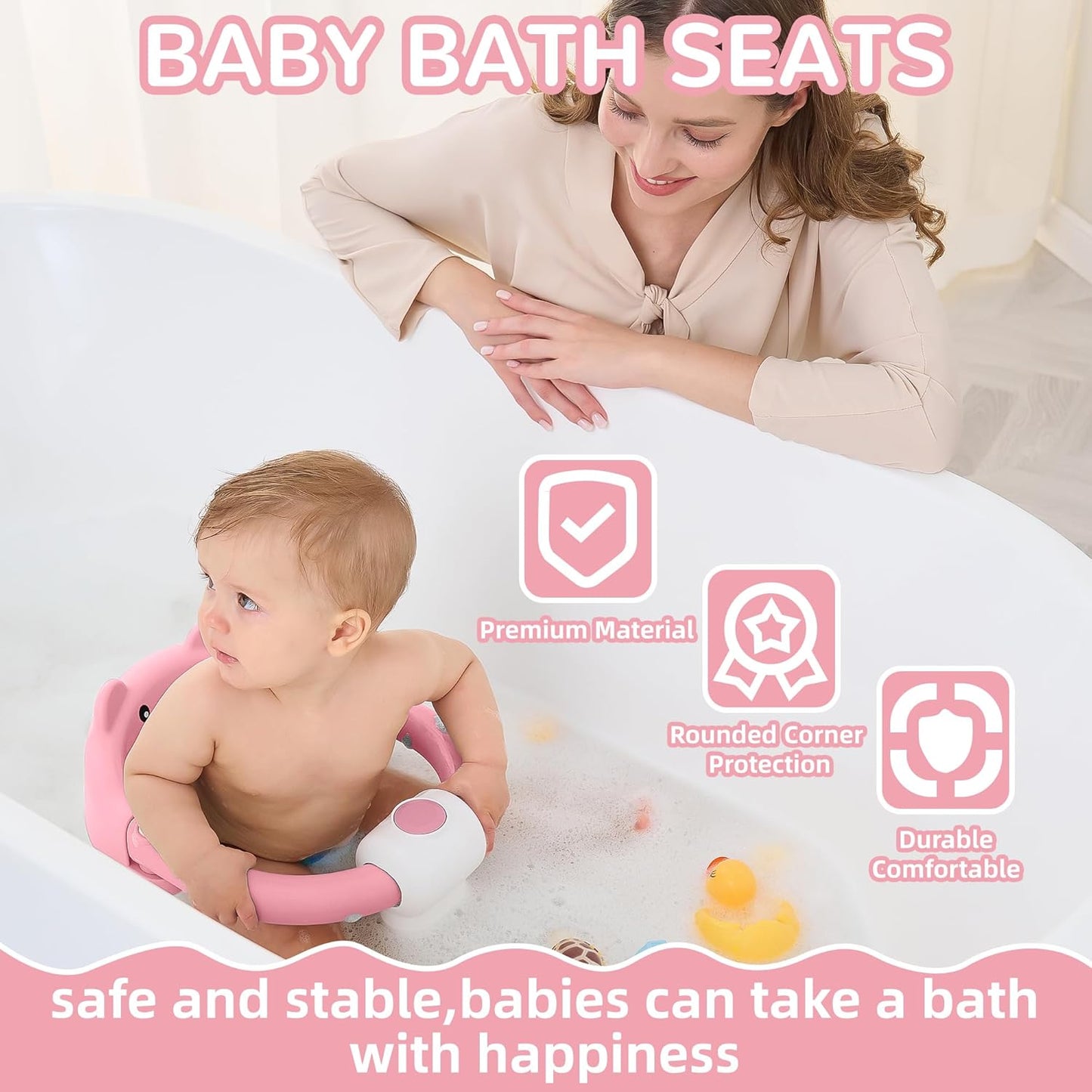 Baby Bath Seat for Babies 6 Months & up, Non-Slip Toddler Bath Seats for Babies Sitting Up, Safe Infant & Newborn Bathtub Chair with 4 Suction Cups & Soft Cushion for Shower,Pink