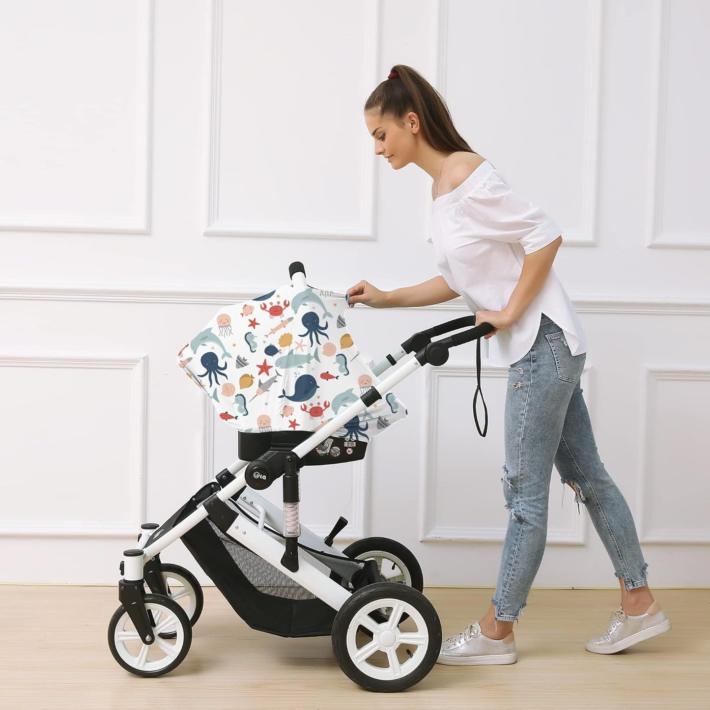 Carseat Cover Boy and Girls - Multi-use Nursing Car Seat Canopy Cover for Breastfeeding, Infant Stroller Cover, High Chair Cover (Cute Fish)