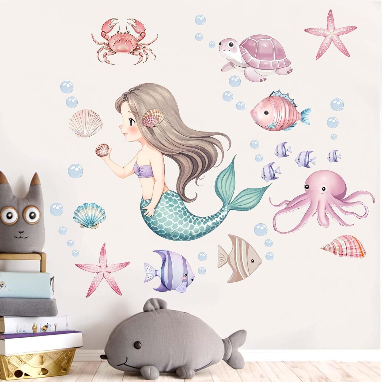 Mermaid Wall Stickers for Girls Bedroom: Peel and Stick Under The Sea Turtle Marine Ocean Fish Starfish Shell Wall Decals - Baby Nursery Girl Room Toddler Room - Kids Supplies Ages 1-12 Year