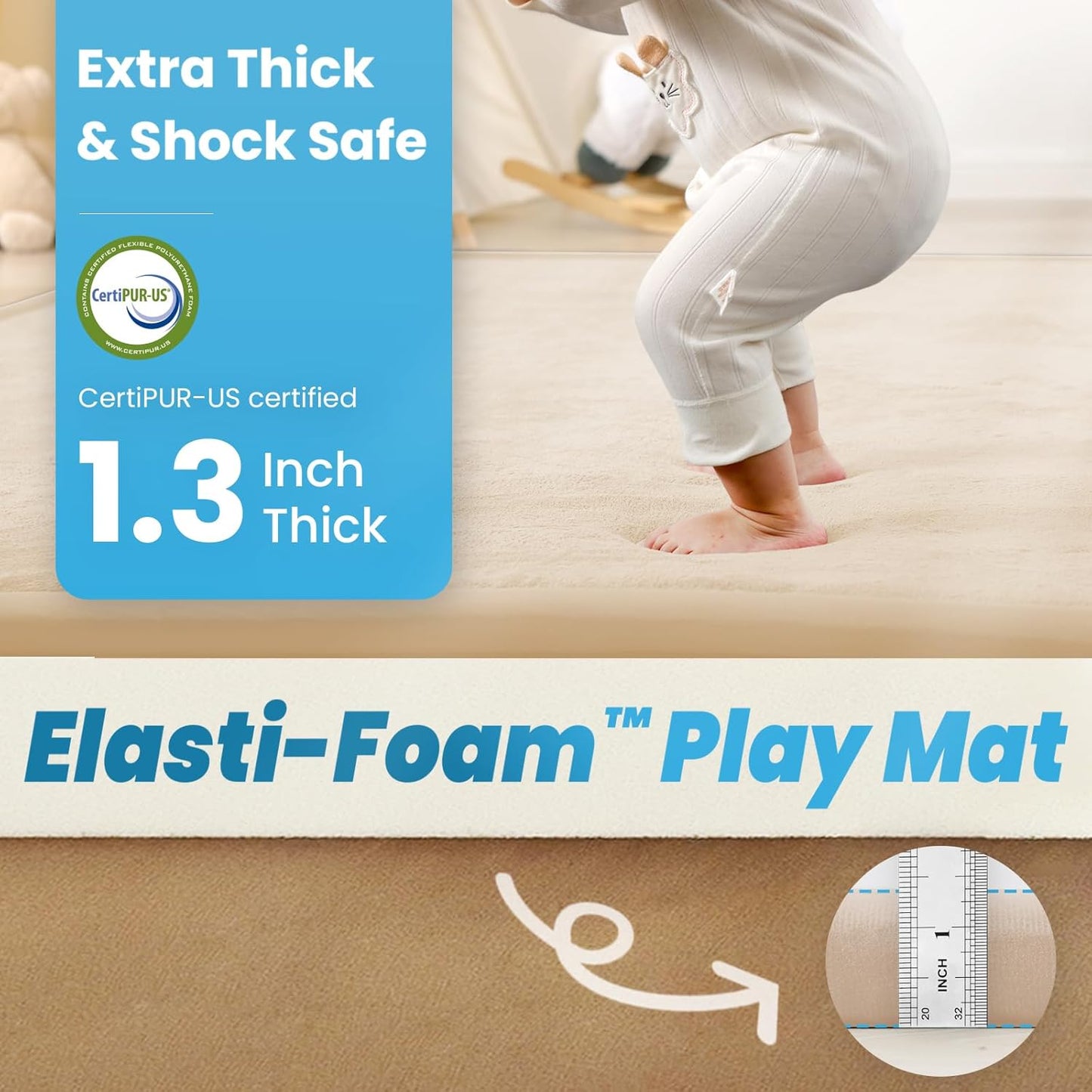 Ultra Soft Baby Play Mat,1.3" Thick Elasti-Foam Tummy Time Mat for Infants,Toddlers,Kids,Water-Repellent Coral Fleece Nursery Rug,Non-Slip Safe for Crawling&Hardwood Floors(Beige)