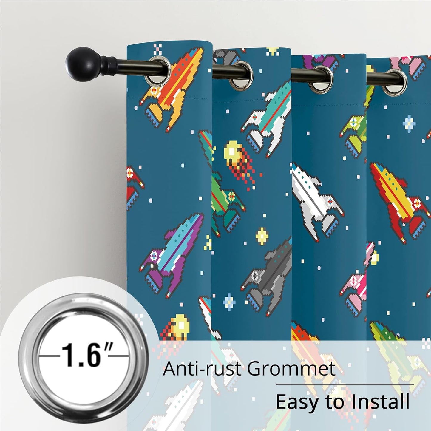 Kids Pixel Rocket Blackout Curtains - 100% Blackout, Thermal Insulated, Noise Reducing, Perfect for Kids Room and Nursery, 2 Panels (Pixel Rocket Fleet, W52×L63)