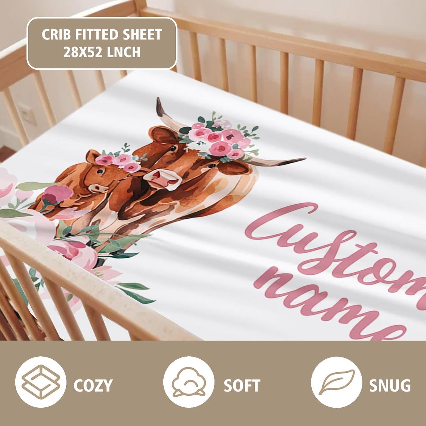 Custom Name Crib Bedding Set - Highland Cow Theme, Personalized Pink Flower Nursery Bedding 3-Piece Set– Soft Blanket, Fitted Sheet, Changing Pad Cover – for Newborns Girls Nursery Gifts