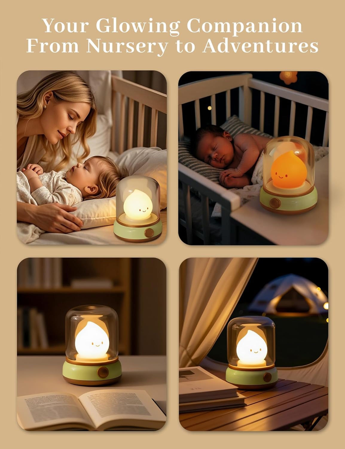 Smiley Night Light for Baby Nursery, Rechargeable Stepless Dimming Small Night Stand Lamps, Cute Forest Green Vintage Lamp Decor Essentials for New Mom, Kids, Baby, Toddler