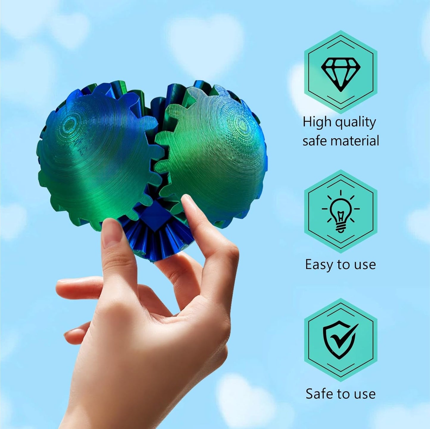 Gear Ball, 3D Printed Gear Ball Spin Ball Cube Fidget Toy, Gear Sphere Fidget Ball, Stress Ball, GearSphere Desk Toy, Gear Toy for Stress and Anxiety Relaxing (Laser Green)