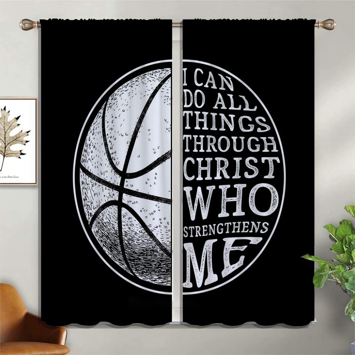 Basketball Blackout Curtains for Boy Girl Room Darkening Decor,Sport Theme and White Motto Dark Background Bedroom Living Room Home Rod Pocket Thermal Insulated Window Curtain/Drapes Panel,84x72 Inch…