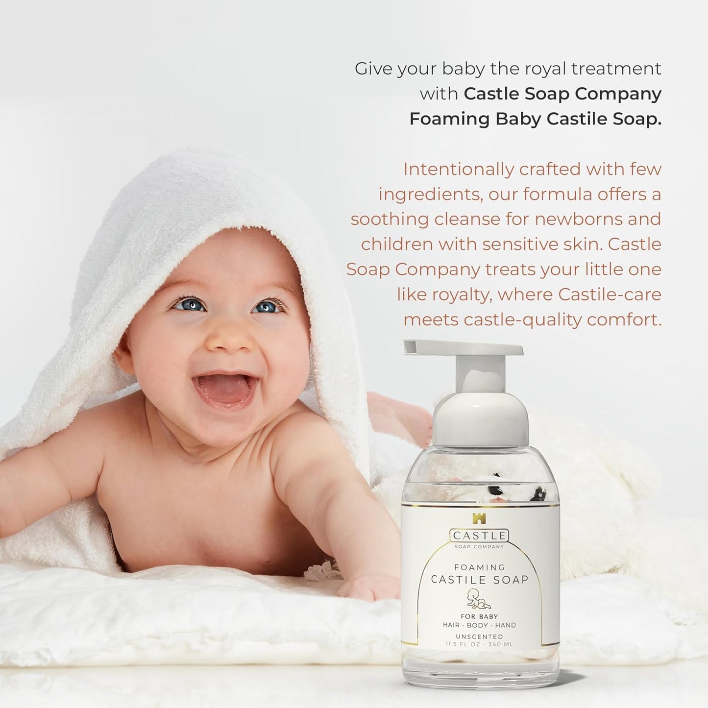 Foaming Baby Castile Soap | 3-In-1 Uses: Hair, Body, Hand | Nourishing Coconut Oil Formula | Formulated For Newborns, Sensitive & Delicate Skin | Hydrating Foam | 11.5 oz | Unscented
