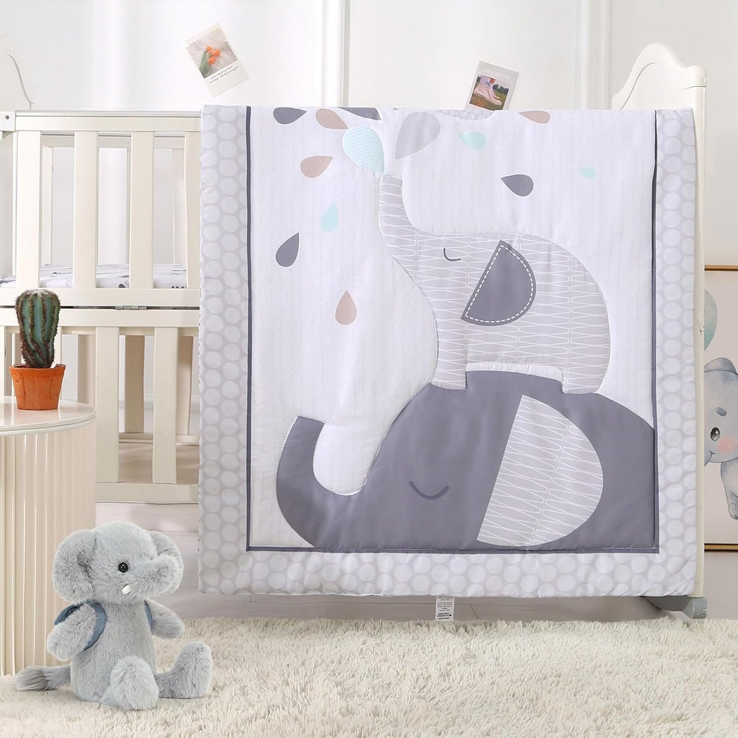 Wowelife Elephant Crib Bedding Set for Boys, Premium 3-Piece Baby Bedding Set, Elephant, Gray Crib Bed Sets, Newborn, Infant, Nursery Bed Set with Crib Sheet, Ruffle Comforter