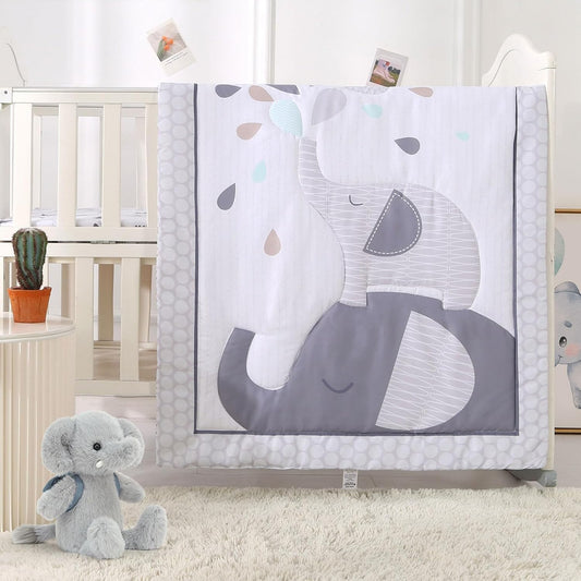 Wowelife Mini Crib Bedding Set for Boys, Premium 3-Piece Elephant Baby Bedding Set Elephant, Baby Nursery Comforter Bed Set with Crib Comforter, Skirt and Sheet, Gray