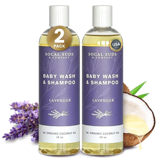 SoCal Suds & Company Baby Shampoo & Body Wash, 2-in-1 Organic Gel - Gentle Castile Soap with Vitamin-Infused Oils & Botanicals - Natural Care for Sensitive Skin Hypoallergenic - 12oz Lavender 2-Pack