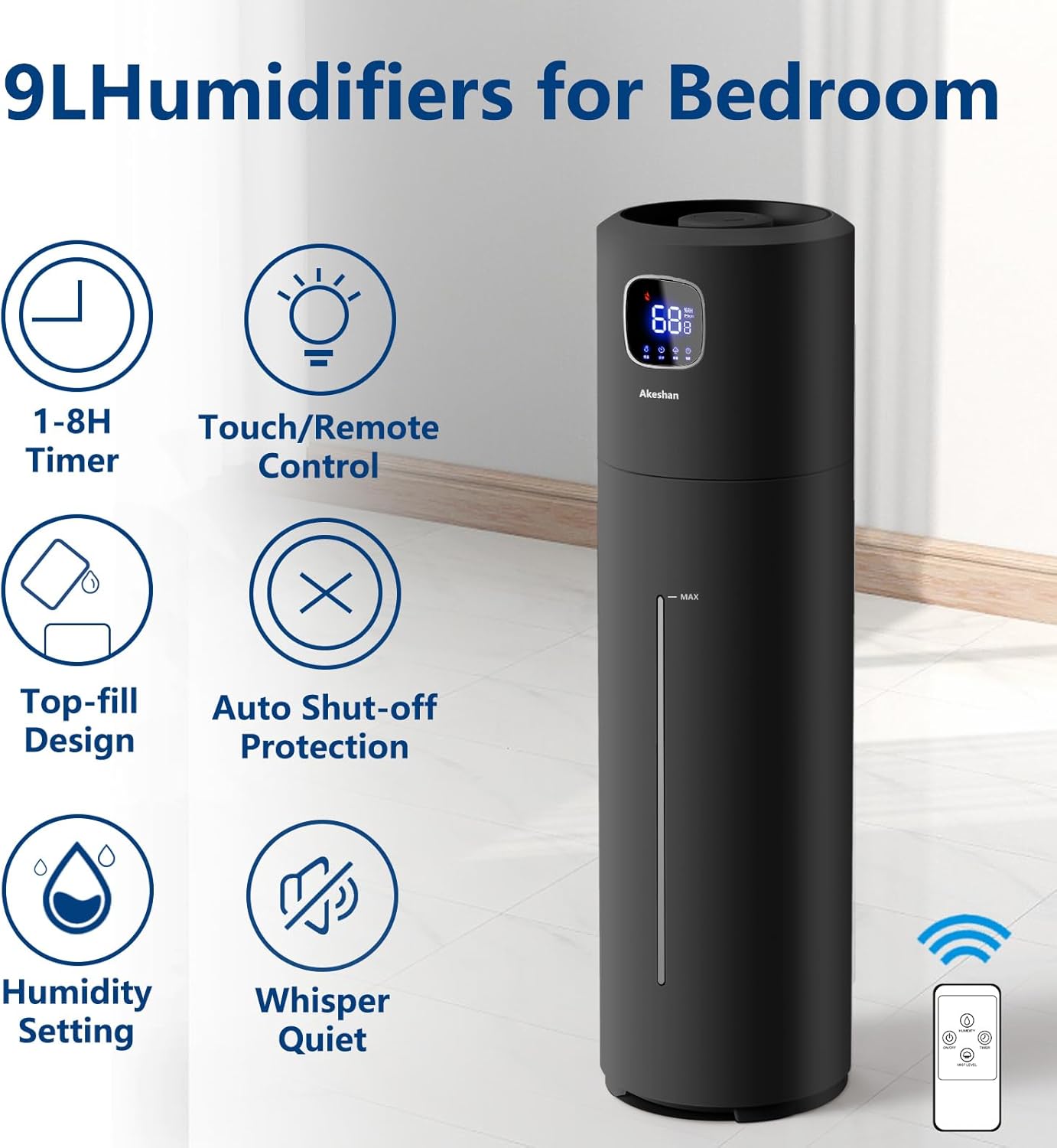 Large Humidifiers for Bedroom, 9L/2.5Gal Ultrasonic Cool Mist, Easy Clean with 350ML/H Large Mist Speed, Quiet Tower, Suitable for Kids Room Plant Yoga (Black)