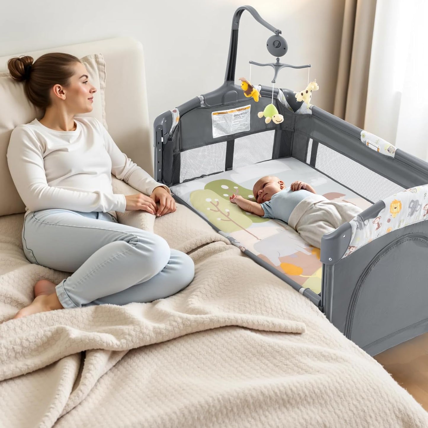 5 in 1 Infant Newborn Baby Crib,Baby Bassinet Bedside Cribs,Pack and Play and Changing Table,Portable & Music Box,Portable Travel Crib,Dark Gray