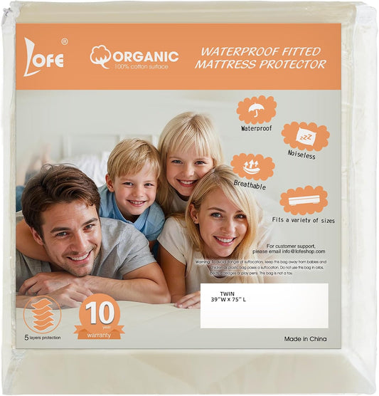 Lofe Organic Cotton Twin Mattress Protector - Top&Side 100% Waterproof Mattress Protector, Breathable Organic Mattress Protectors, Noiseless Twin Mattress Protectors Waterproof 75x39x17 in